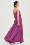 Spaghetti Straps Chiffon A Line Bridesmaid Dress Long Ruched Formal Evening Dresses with Slit