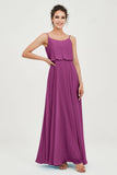 Spaghetti Straps Chiffon A Line Bridesmaid Dress Long Ruched Formal Evening Dresses with Slit