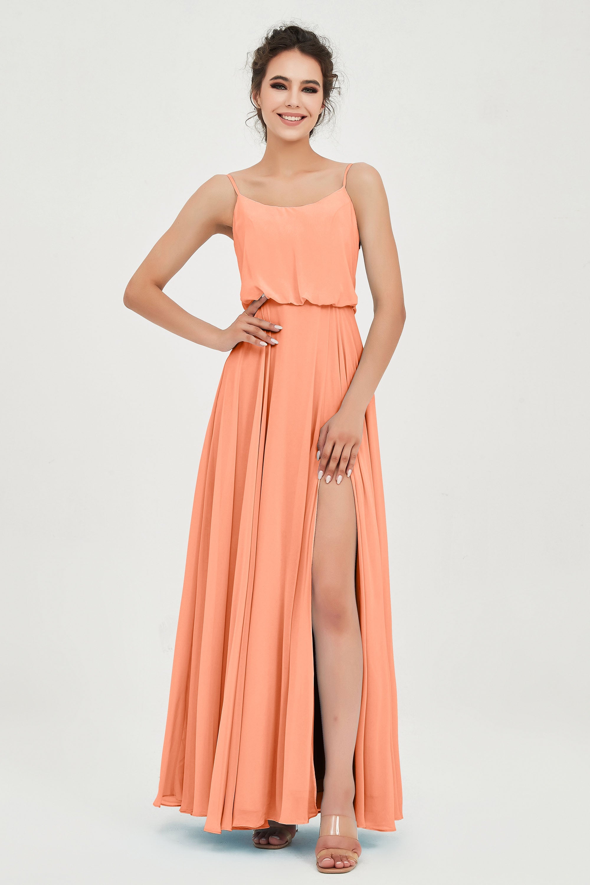 Spaghetti Straps Chiffon A Line Bridesmaid Dress Long Ruched Formal Evening Dresses with Slit