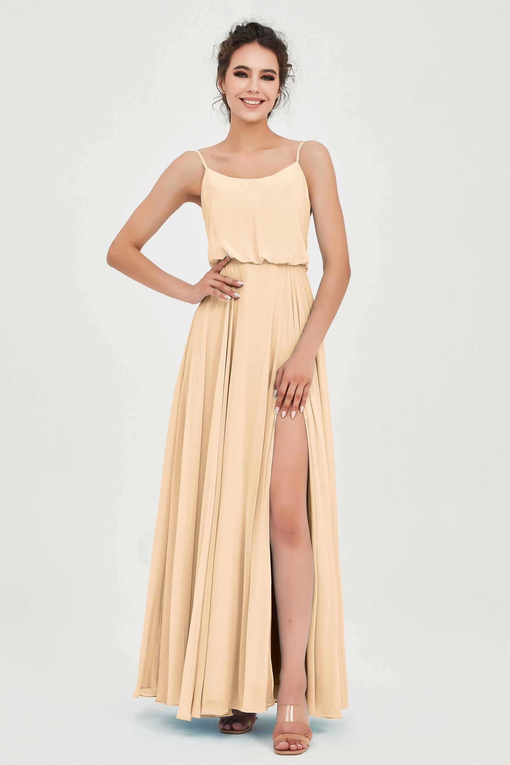 Spaghetti Straps Chiffon A Line Bridesmaid Dress Long Ruched Formal Evening Dresses with Slit