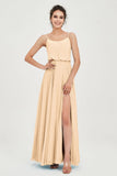 Spaghetti Straps Chiffon A Line Bridesmaid Dress Long Ruched Formal Evening Dresses with Slit