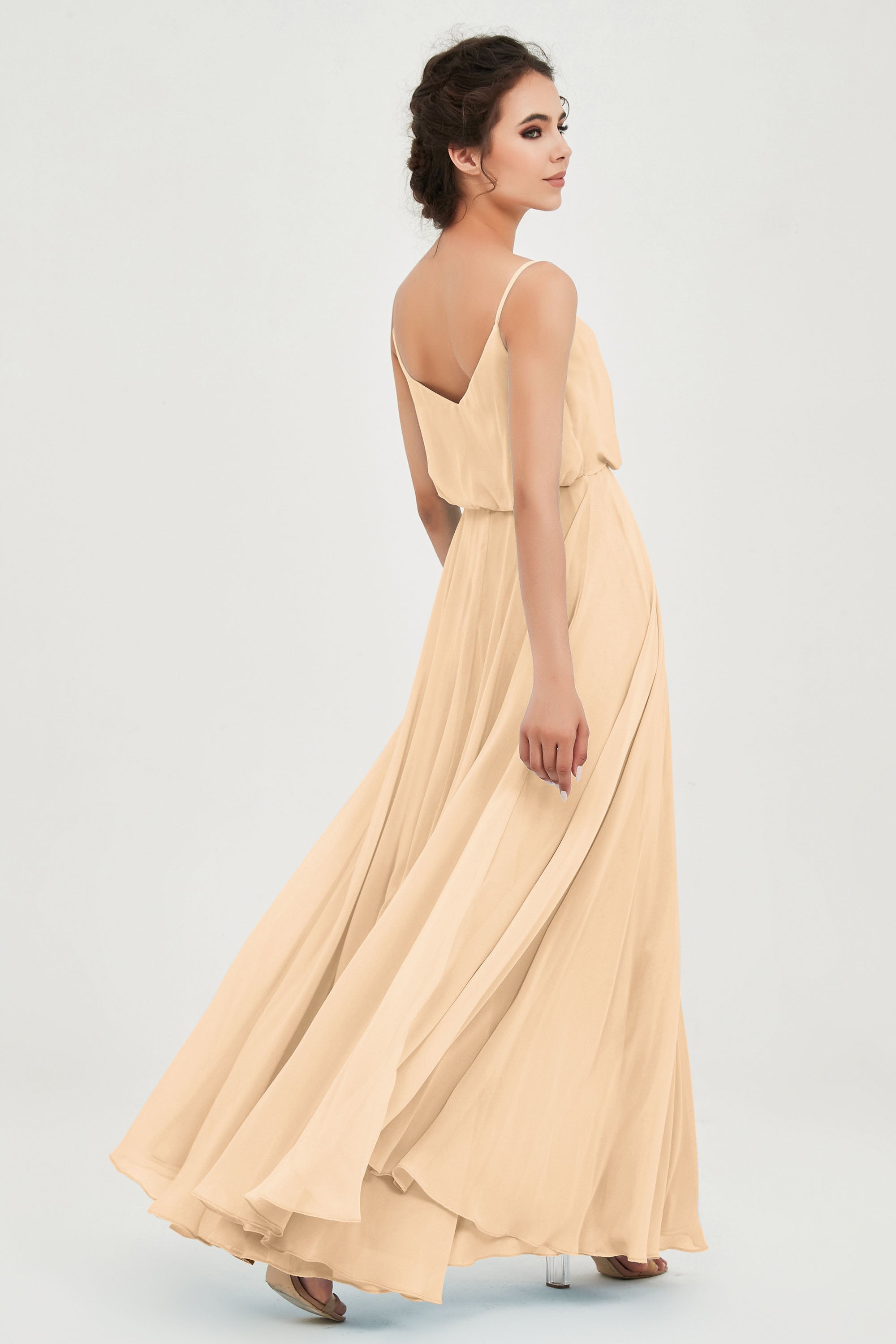 Spaghetti Straps Chiffon A Line Bridesmaid Dress Long Ruched Formal Evening Dresses with Slit