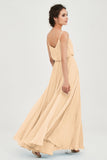 Spaghetti Straps Chiffon A Line Bridesmaid Dress Long Ruched Formal Evening Dresses with Slit