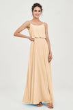 Spaghetti Straps Chiffon A Line Bridesmaid Dress Long Ruched Formal Evening Dresses with Slit