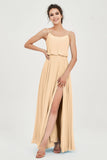 Spaghetti Straps Chiffon A Line Bridesmaid Dress Long Ruched Formal Evening Dresses with Slit