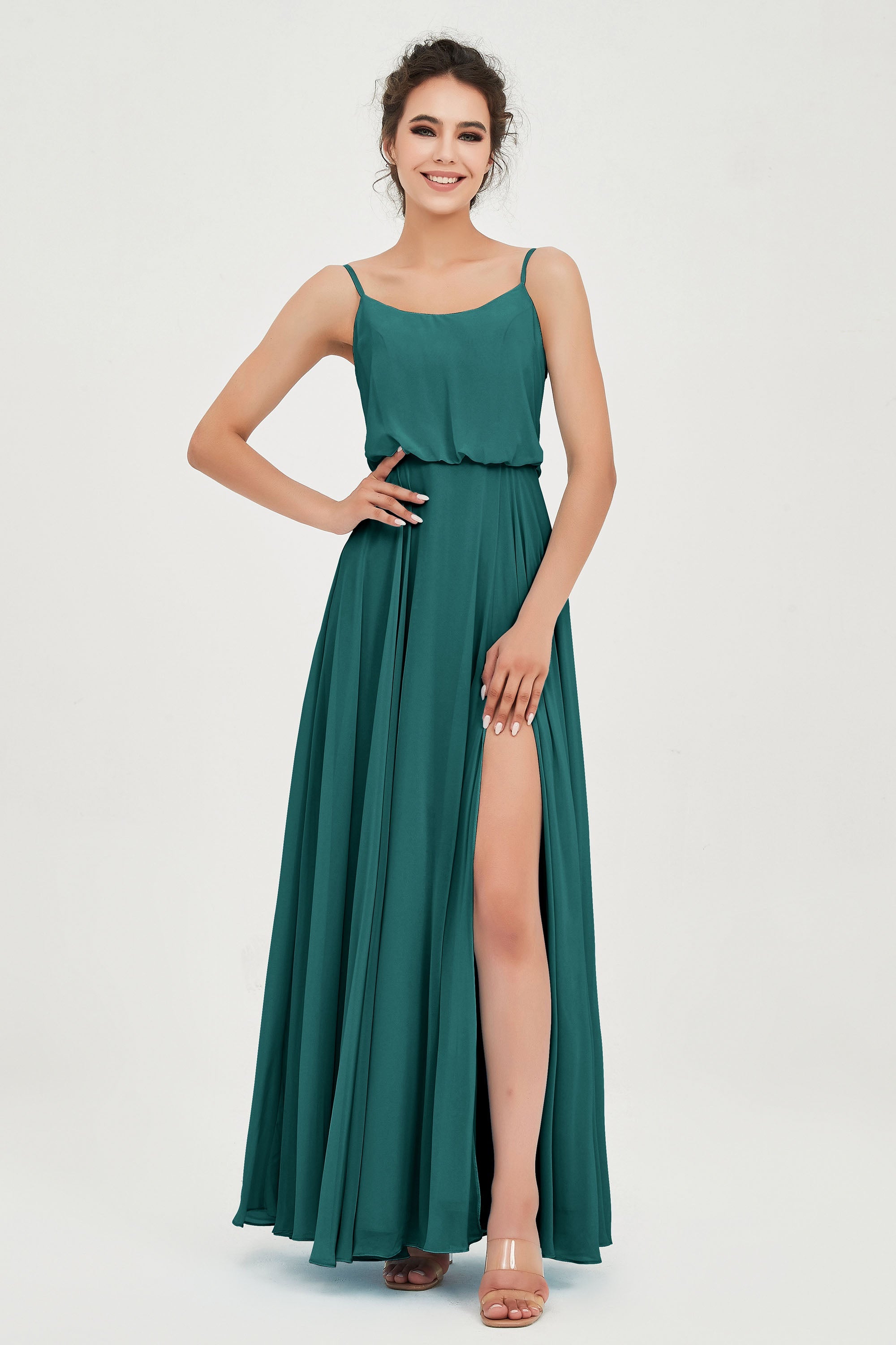 Spaghetti Straps Chiffon A Line Bridesmaid Dress Long Ruched Formal Evening Dresses with Slit