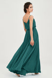Spaghetti Straps Chiffon A Line Bridesmaid Dress Long Ruched Formal Evening Dresses with Slit