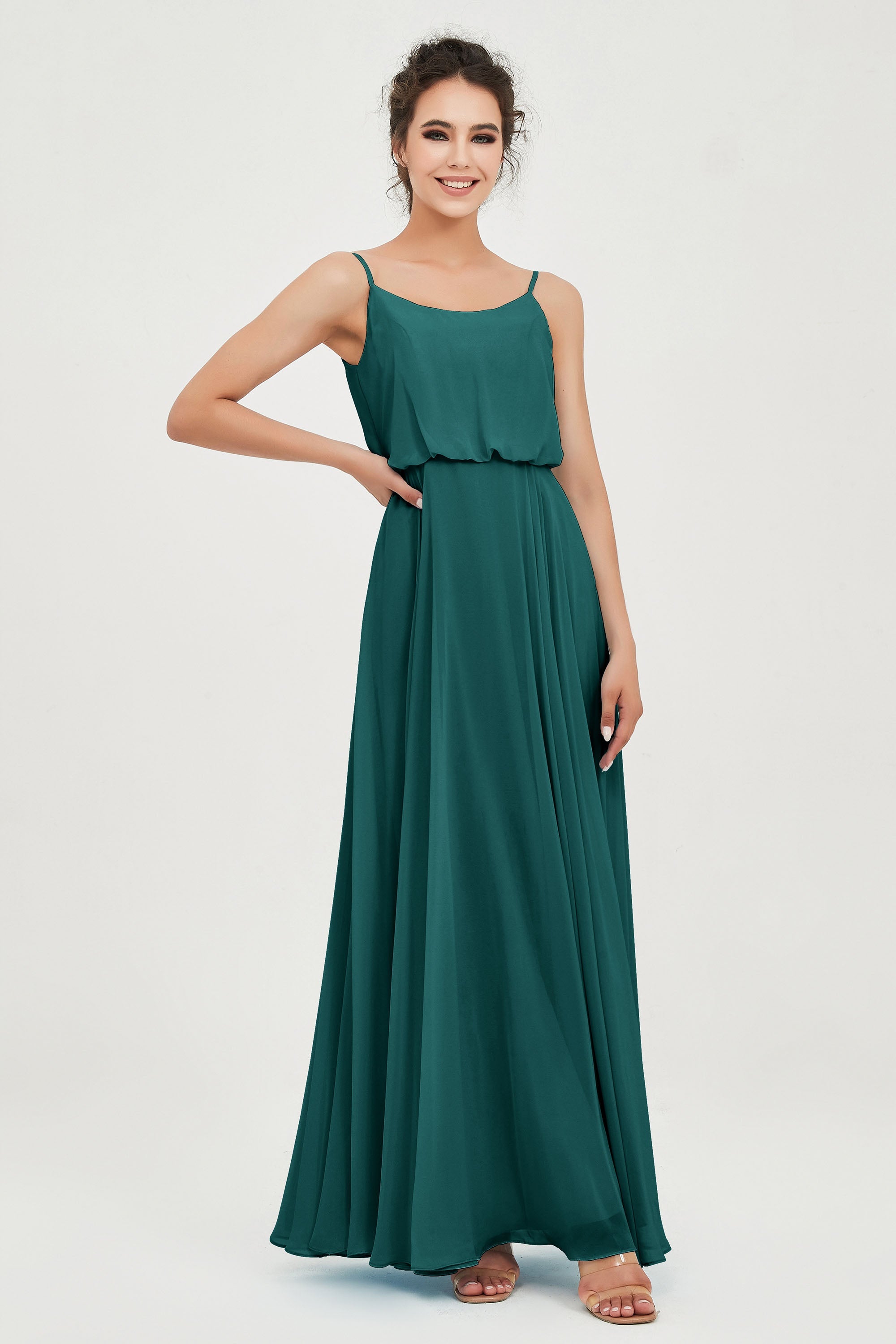 Spaghetti Straps Chiffon A Line Bridesmaid Dress Long Ruched Formal Evening Dresses with Slit
