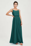 Spaghetti Straps Chiffon A Line Bridesmaid Dress Long Ruched Formal Evening Dresses with Slit