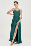 Spaghetti Straps Chiffon A Line Bridesmaid Dress Long Ruched Formal Evening Dresses with Slit