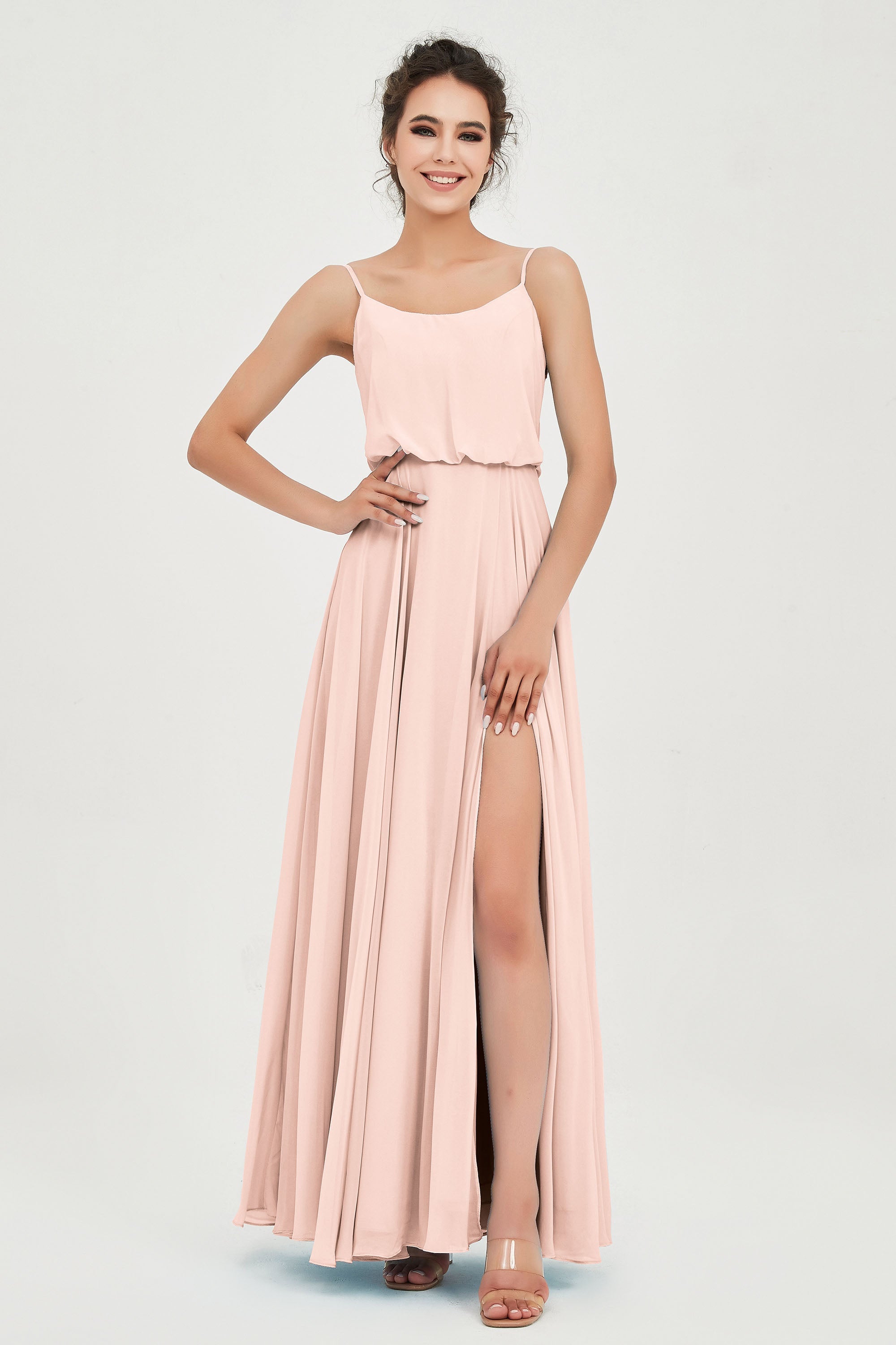 Spaghetti Straps Chiffon A Line Bridesmaid Dress Long Ruched Formal Evening Dresses with Slit