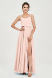 Spaghetti Straps Chiffon A Line Bridesmaid Dress Long Ruched Formal Evening Dresses with Slit