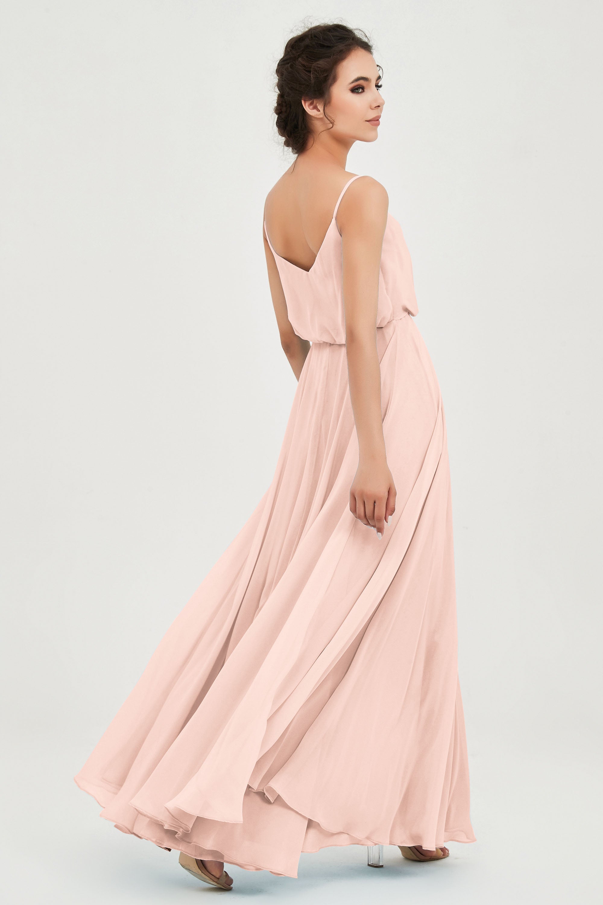 Spaghetti Straps Chiffon A Line Bridesmaid Dress Long Ruched Formal Evening Dresses with Slit