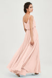Spaghetti Straps Chiffon A Line Bridesmaid Dress Long Ruched Formal Evening Dresses with Slit