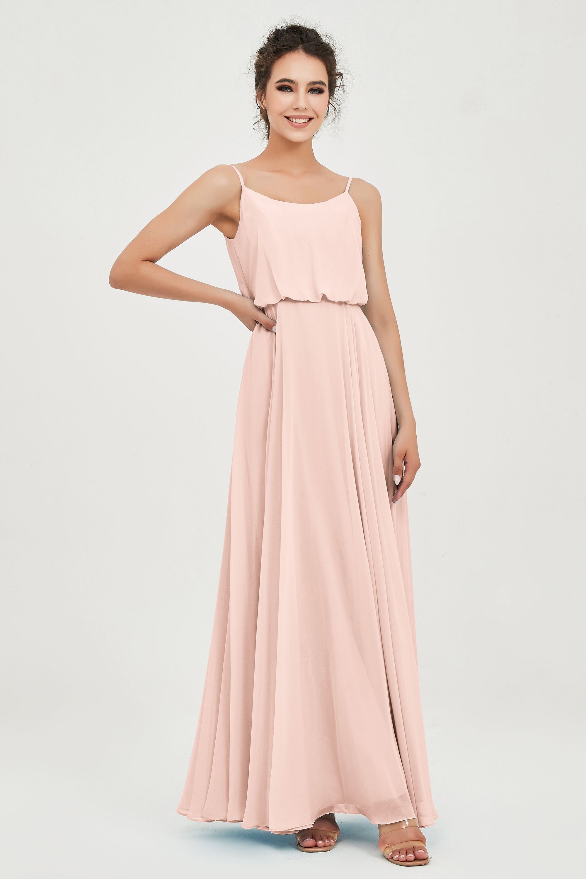 Spaghetti Straps Chiffon A Line Bridesmaid Dress Long Ruched Formal Evening Dresses with Slit