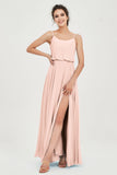 Spaghetti Straps Chiffon A Line Bridesmaid Dress Long Ruched Formal Evening Dresses with Slit