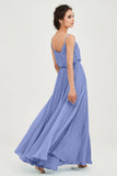 Spaghetti Straps Chiffon A Line Bridesmaid Dress Long Ruched Formal Evening Dresses with Slit