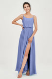 Spaghetti Straps Chiffon A Line Bridesmaid Dress Long Ruched Formal Evening Dresses with Slit