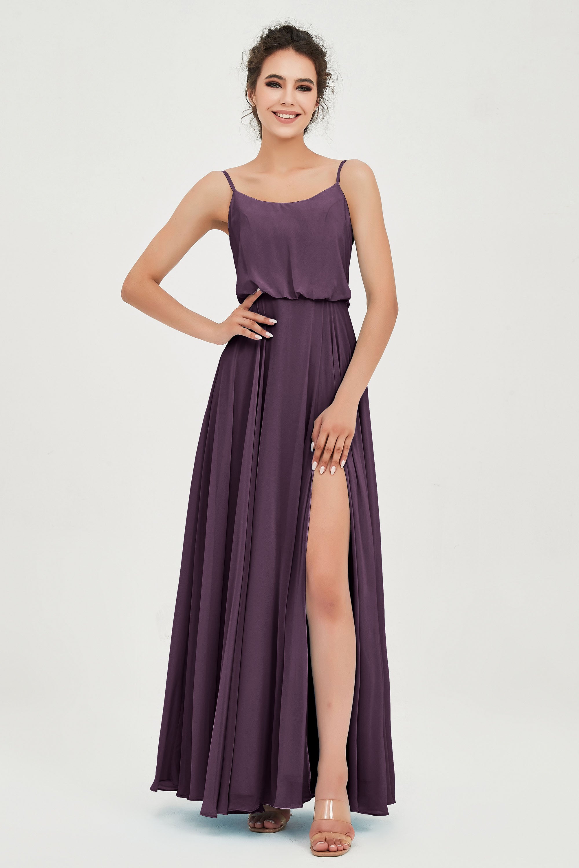 Spaghetti Straps Chiffon A Line Bridesmaid Dress Long Ruched Formal Evening Dresses with Slit