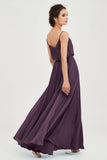 Spaghetti Straps Chiffon A Line Bridesmaid Dress Long Ruched Formal Evening Dresses with Slit