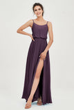Spaghetti Straps Chiffon A Line Bridesmaid Dress Long Ruched Formal Evening Dresses with Slit