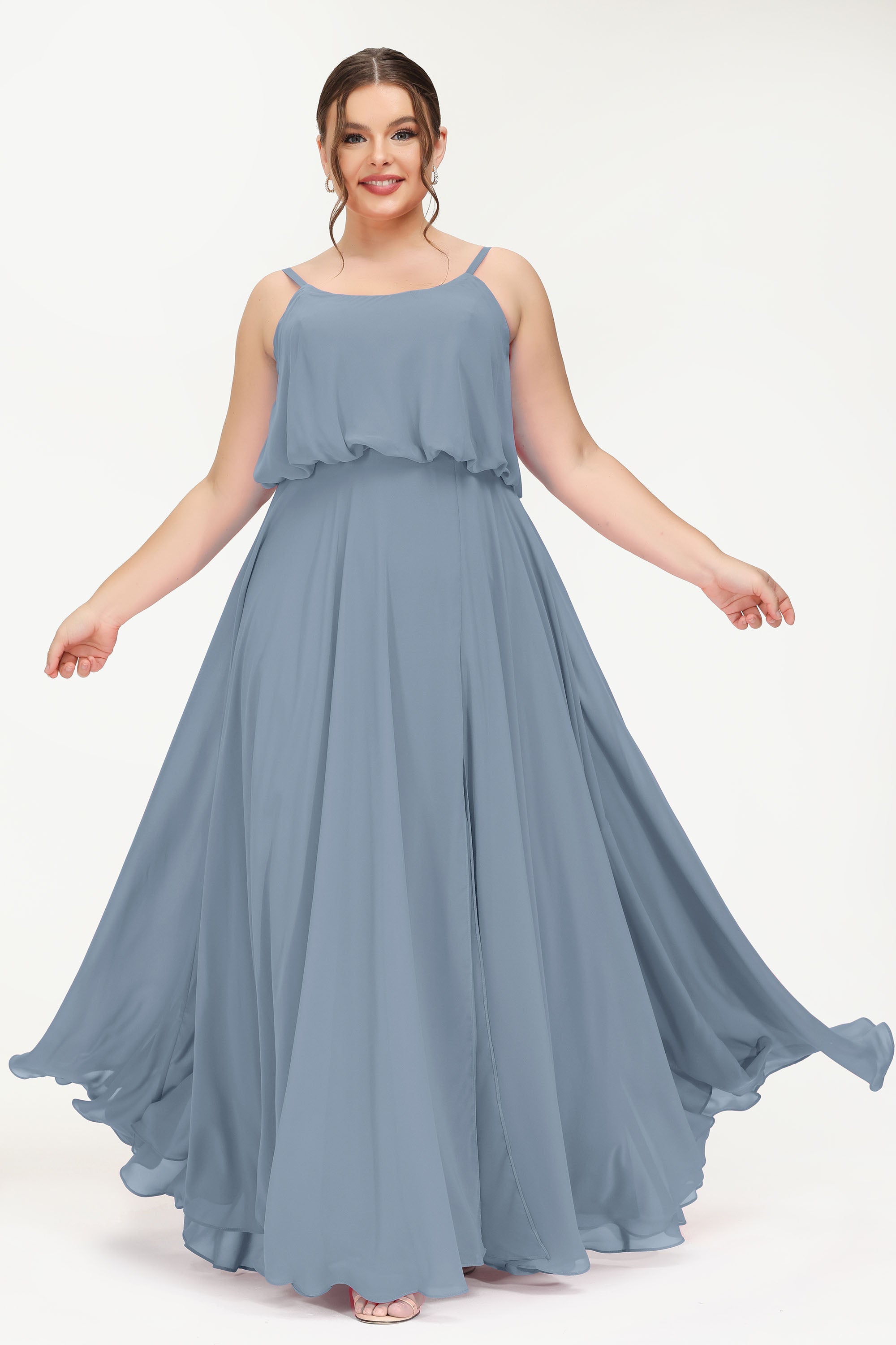 Spaghetti Straps Chiffon A Line Bridesmaid Dress Long Ruched Formal Evening Dresses with Slit