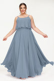 Spaghetti Straps Chiffon A Line Bridesmaid Dress Long Ruched Formal Evening Dresses with Slit