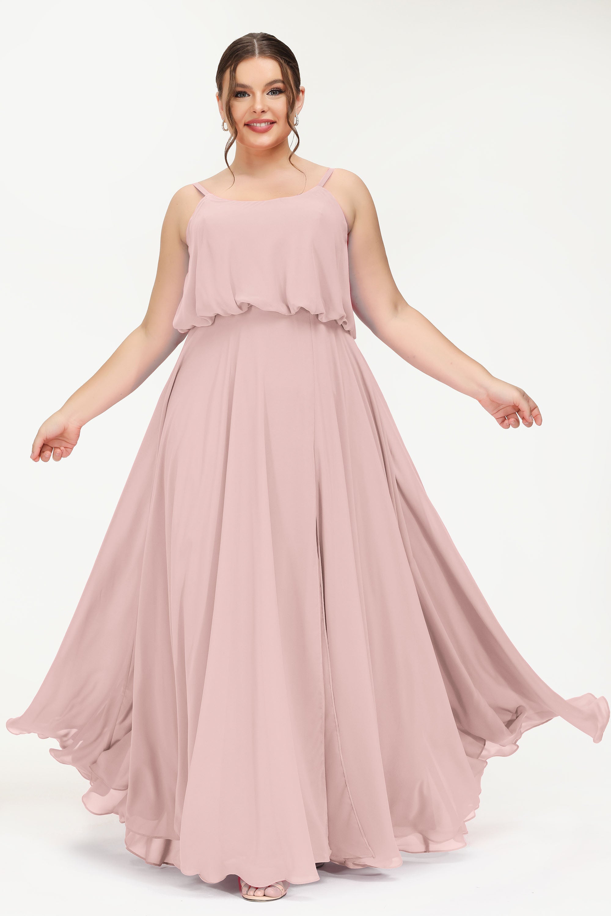 Spaghetti Straps Chiffon A Line Bridesmaid Dress Long Ruched Formal Evening Dresses with Slit