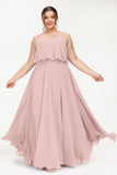 Spaghetti Straps Chiffon A Line Bridesmaid Dress Long Ruched Formal Evening Dresses with Slit