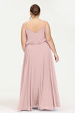 Spaghetti Straps Chiffon A Line Bridesmaid Dress Long Ruched Formal Evening Dresses with Slit