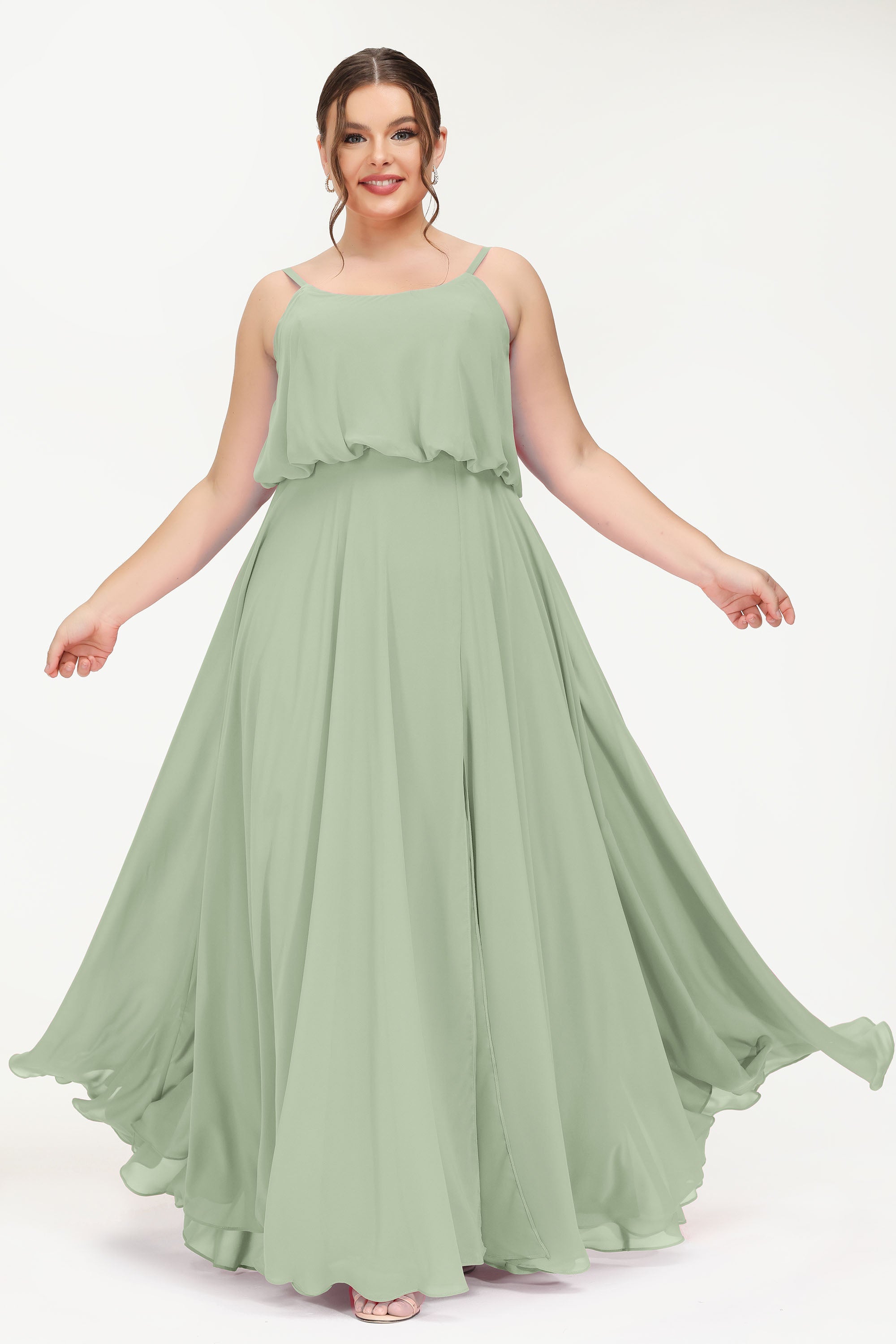 Spaghetti Straps Chiffon A Line Bridesmaid Dress Long Ruched Formal Evening Dresses with Slit