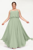 Spaghetti Straps Chiffon A Line Bridesmaid Dress Long Ruched Formal Evening Dresses with Slit