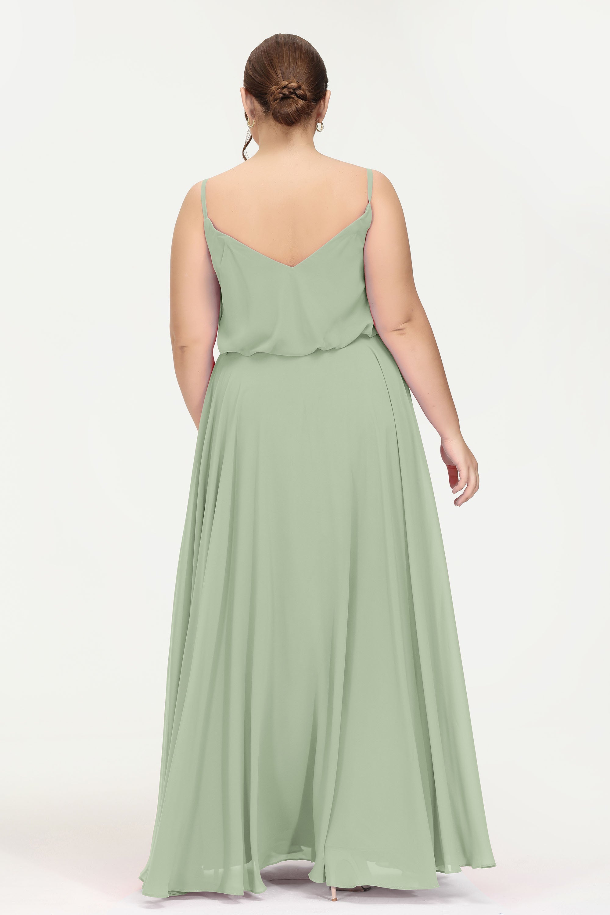 Spaghetti Straps Chiffon A Line Bridesmaid Dress Long Ruched Formal Evening Dresses with Slit