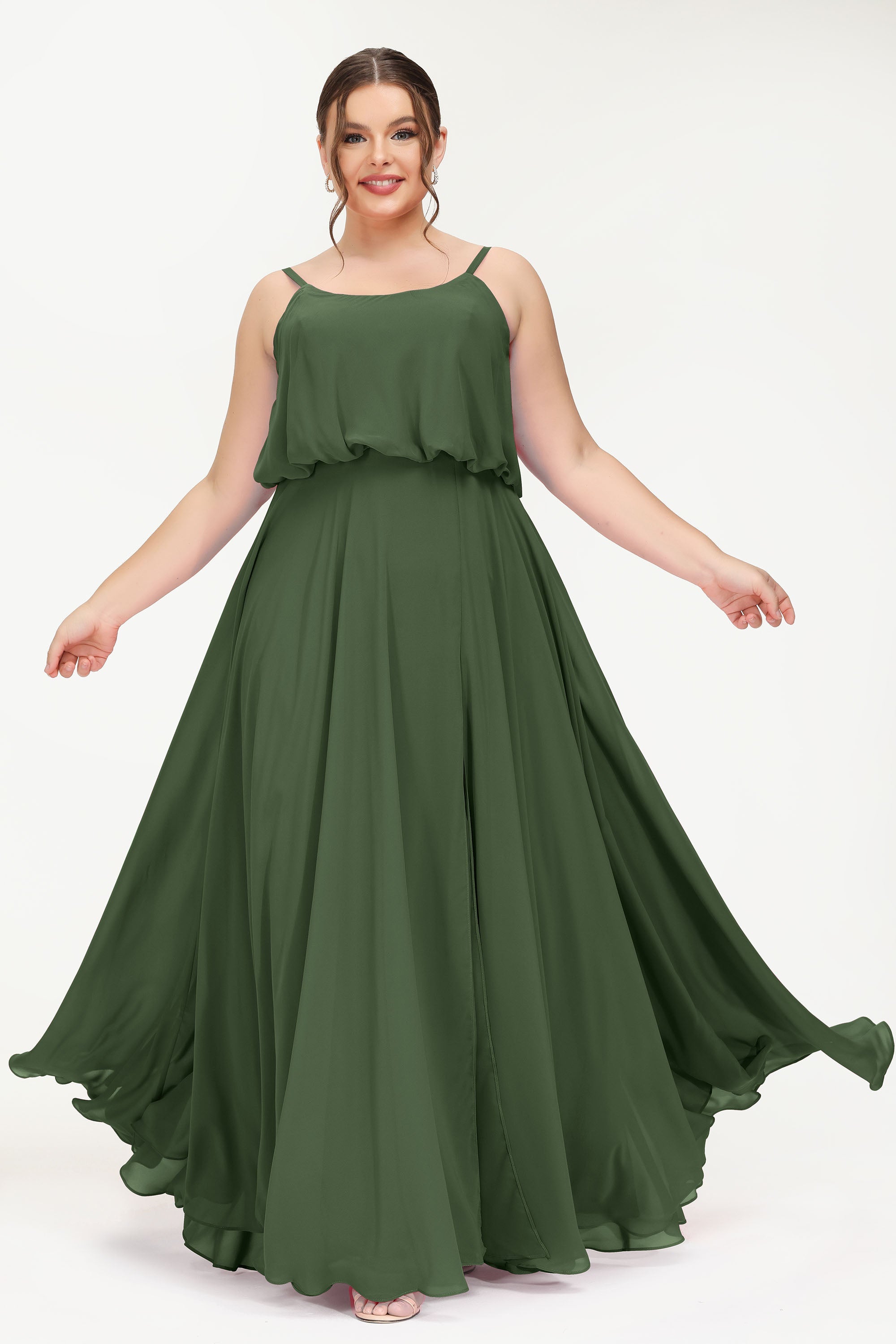 Spaghetti Straps Chiffon A Line Bridesmaid Dress Long Ruched Formal Evening Dresses with Slit