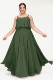 Spaghetti Straps Chiffon A Line Bridesmaid Dress Long Ruched Formal Evening Dresses with Slit
