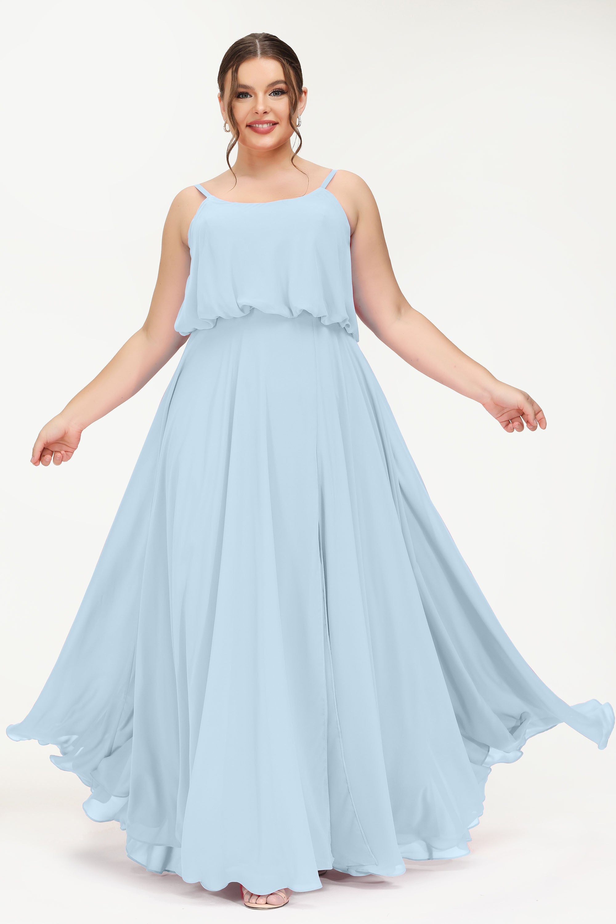 Spaghetti Straps Chiffon A Line Bridesmaid Dress Long Ruched Formal Evening Dresses with Slit