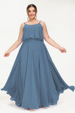 Spaghetti Straps Chiffon A Line Bridesmaid Dress Long Ruched Formal Evening Dresses with Slit