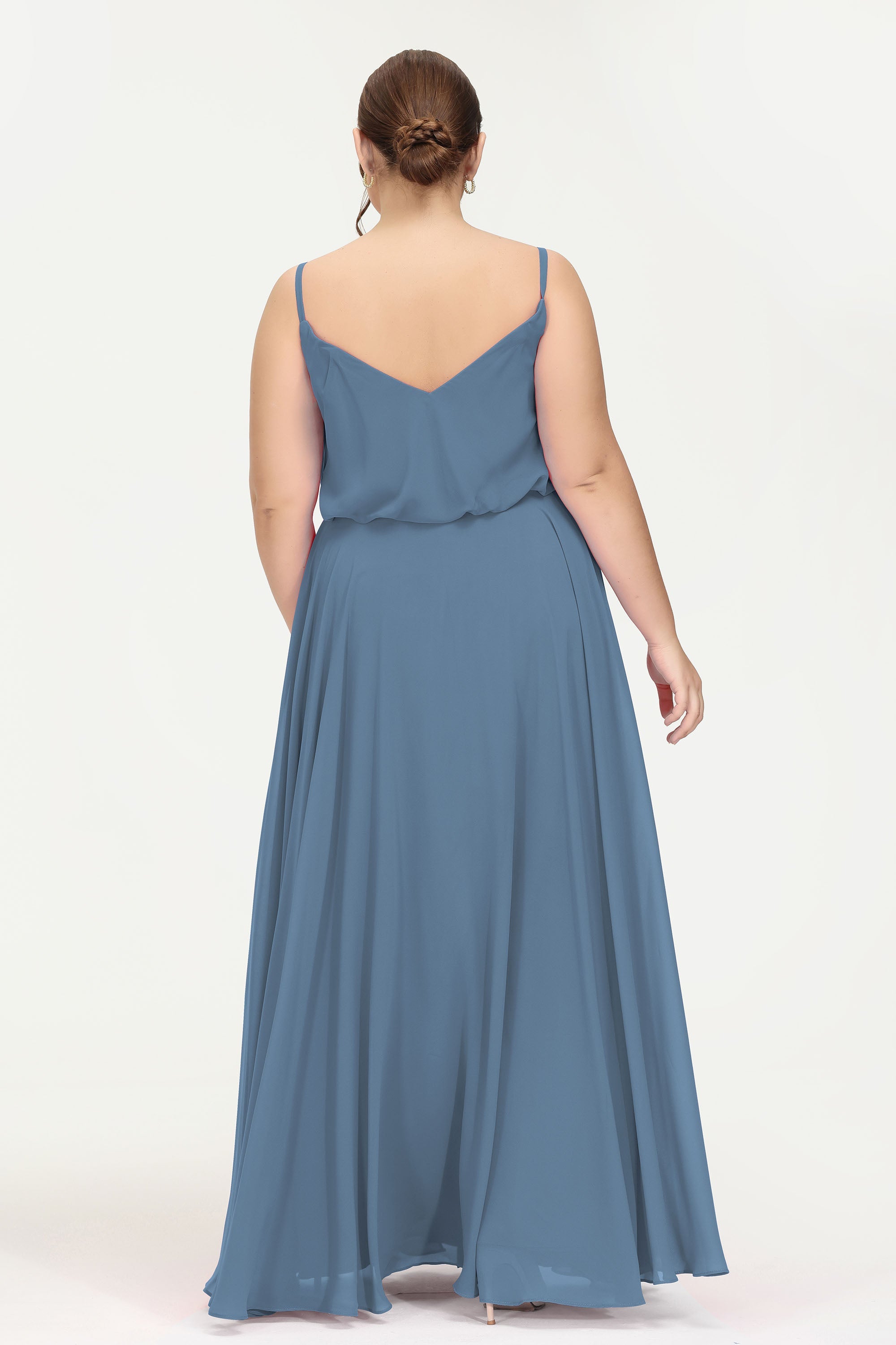 Spaghetti Straps Chiffon A Line Bridesmaid Dress Long Ruched Formal Evening Dresses with Slit
