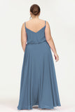 Spaghetti Straps Chiffon A Line Bridesmaid Dress Long Ruched Formal Evening Dresses with Slit