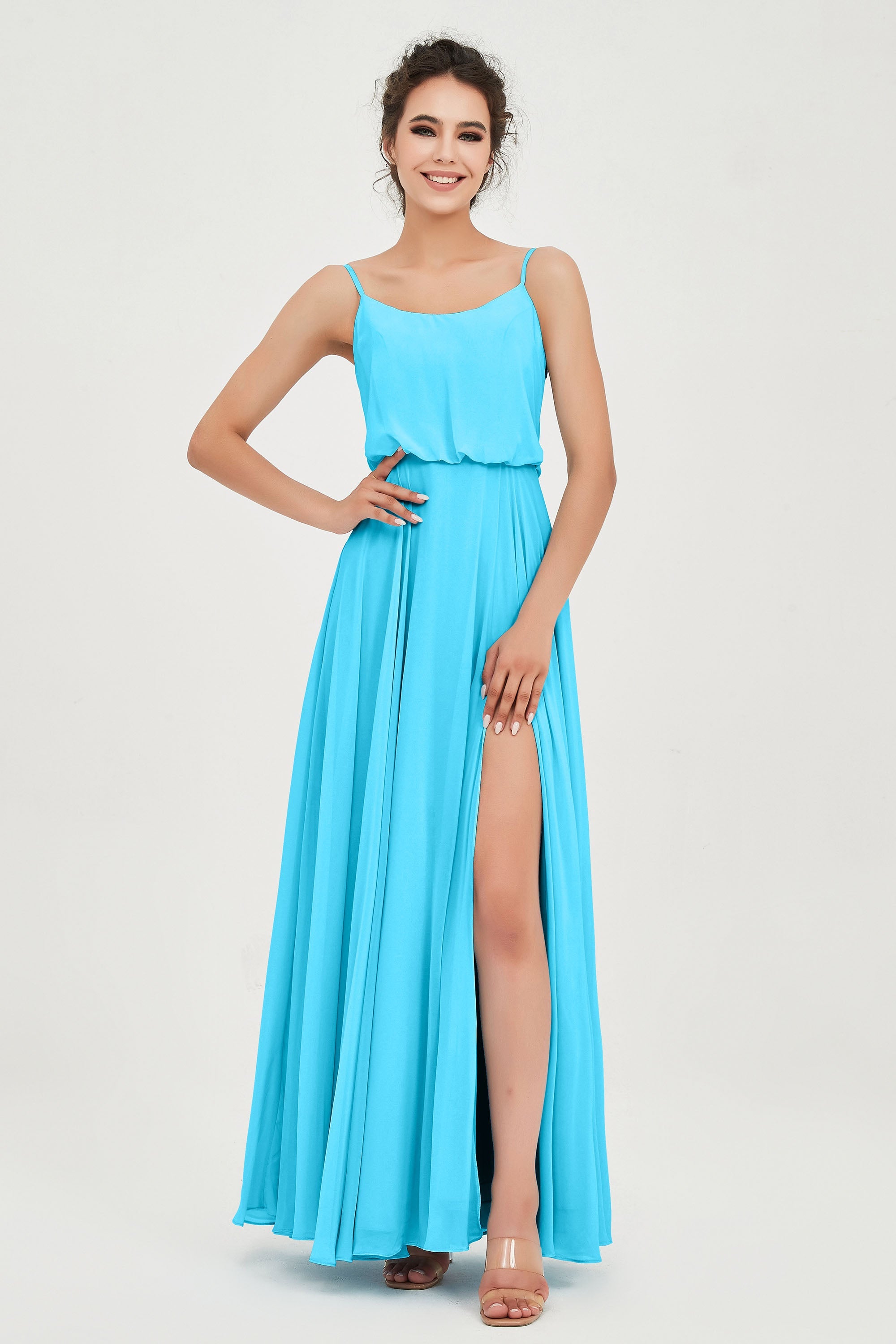 Spaghetti Straps Chiffon A Line Bridesmaid Dress Long Ruched Formal Evening Dresses with Slit