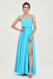 Spaghetti Straps Chiffon A Line Bridesmaid Dress Long Ruched Formal Evening Dresses with Slit