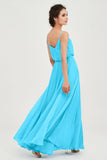 Spaghetti Straps Chiffon A Line Bridesmaid Dress Long Ruched Formal Evening Dresses with Slit