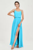 Spaghetti Straps Chiffon A Line Bridesmaid Dress Long Ruched Formal Evening Dresses with Slit