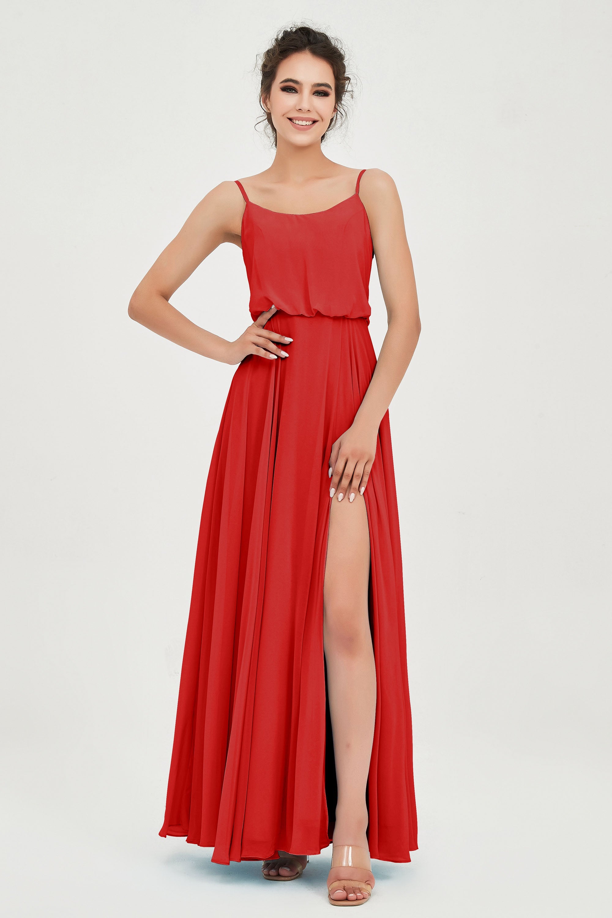Spaghetti Straps Chiffon A Line Bridesmaid Dress Long Ruched Formal Evening Dresses with Slit