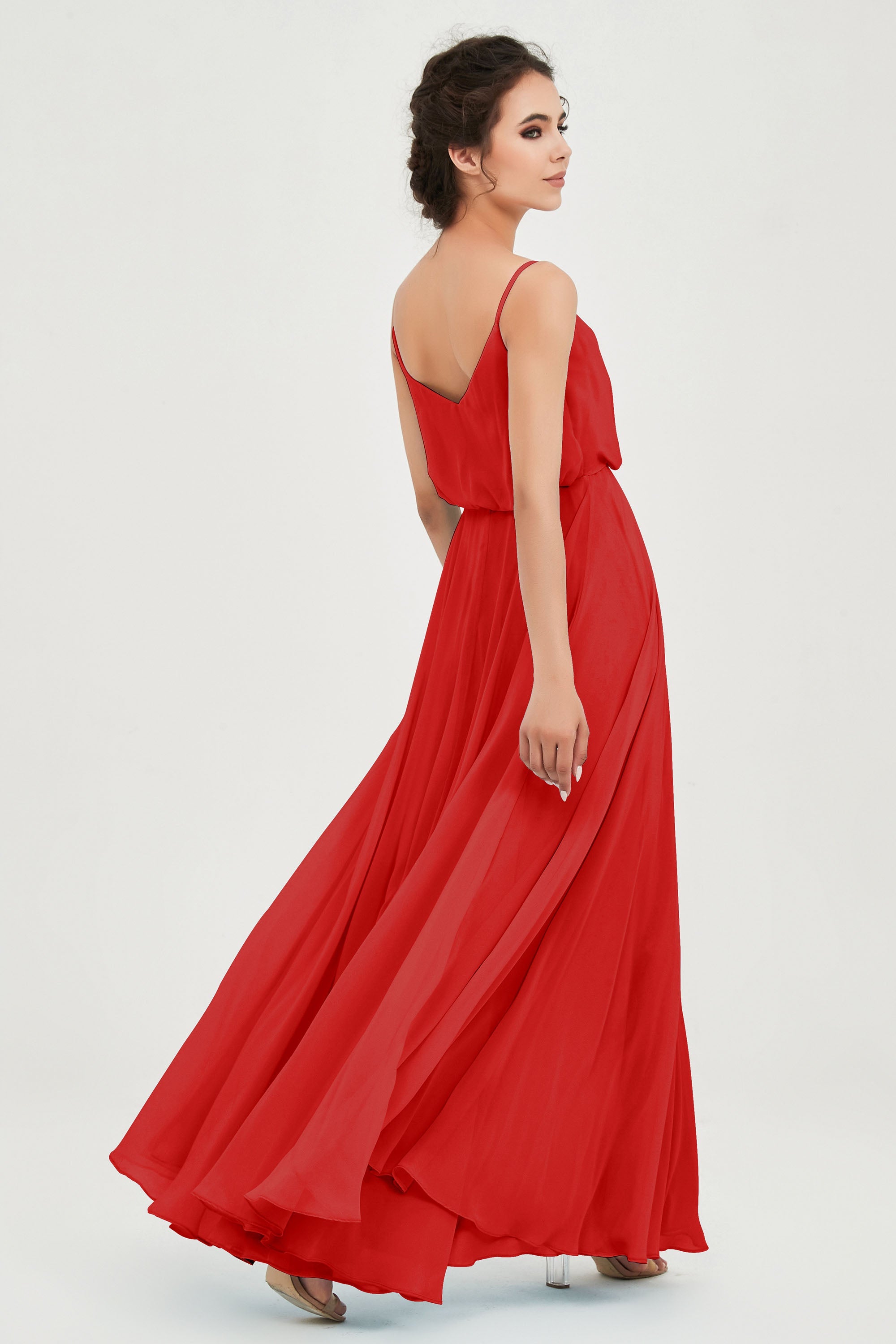 Spaghetti Straps Chiffon A Line Bridesmaid Dress Long Ruched Formal Evening Dresses with Slit