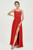 Spaghetti Straps Chiffon A Line Bridesmaid Dress Long Ruched Formal Evening Dresses with Slit