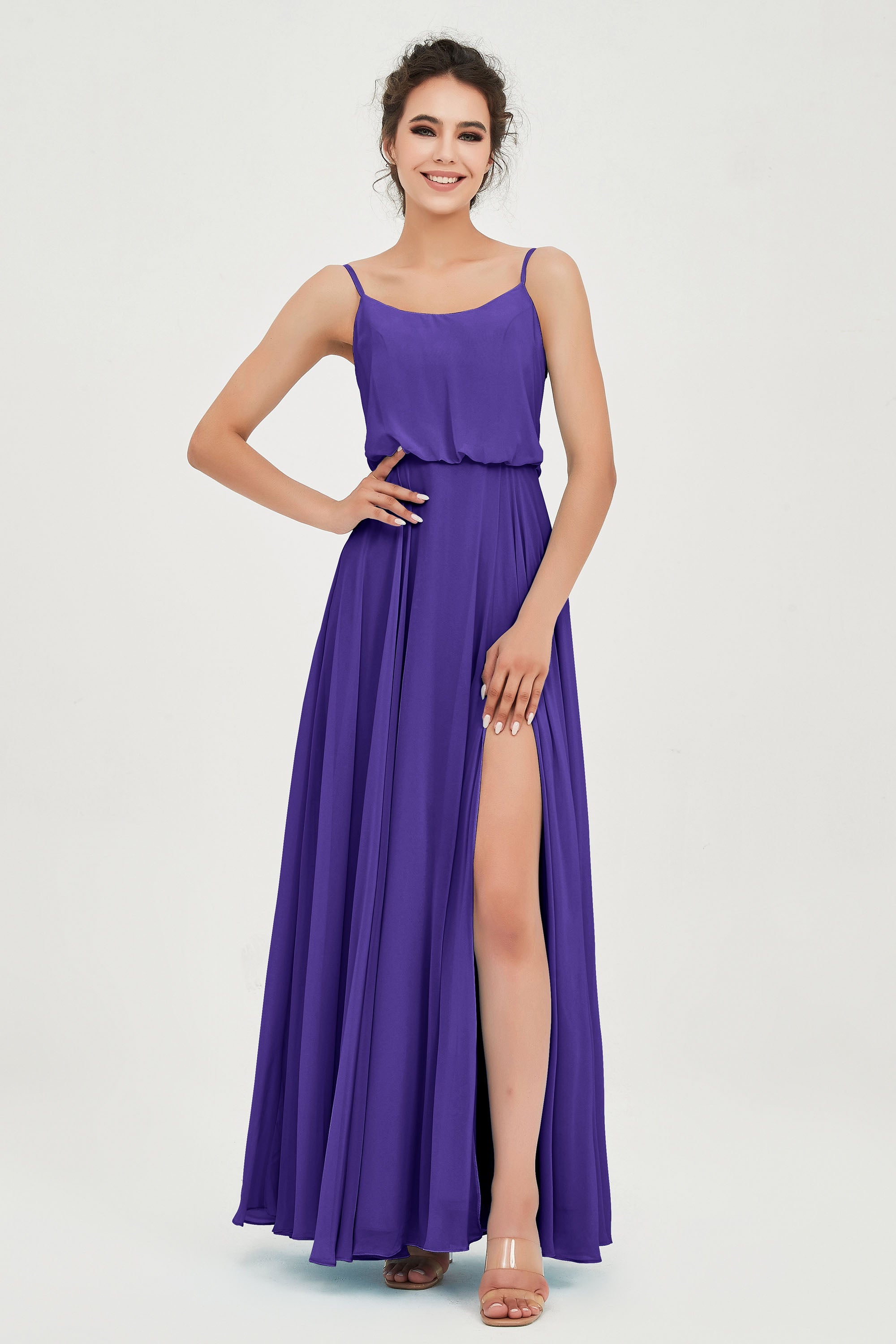 Spaghetti Straps Chiffon A Line Bridesmaid Dress Long Ruched Formal Evening Dresses with Slit