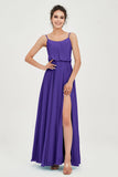 Spaghetti Straps Chiffon A Line Bridesmaid Dress Long Ruched Formal Evening Dresses with Slit