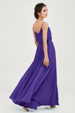 Spaghetti Straps Chiffon A Line Bridesmaid Dress Long Ruched Formal Evening Dresses with Slit