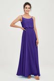 Spaghetti Straps Chiffon A Line Bridesmaid Dress Long Ruched Formal Evening Dresses with Slit